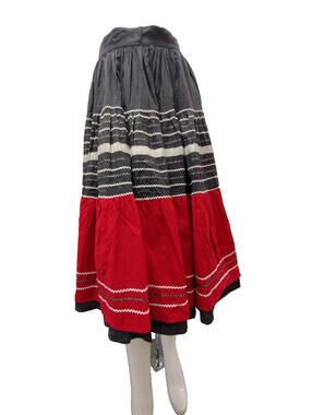 Vintage 1950s Full Swing Red Skirt M Gray Cotton Talon Zip Silver Metallic Trims